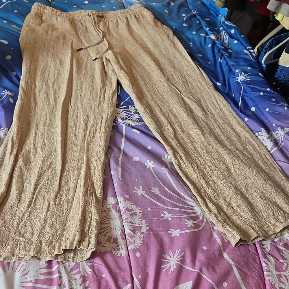Beige Linen Blend Wide-Leg Drawstring Elastic Waist Women's Pants Pinstripe